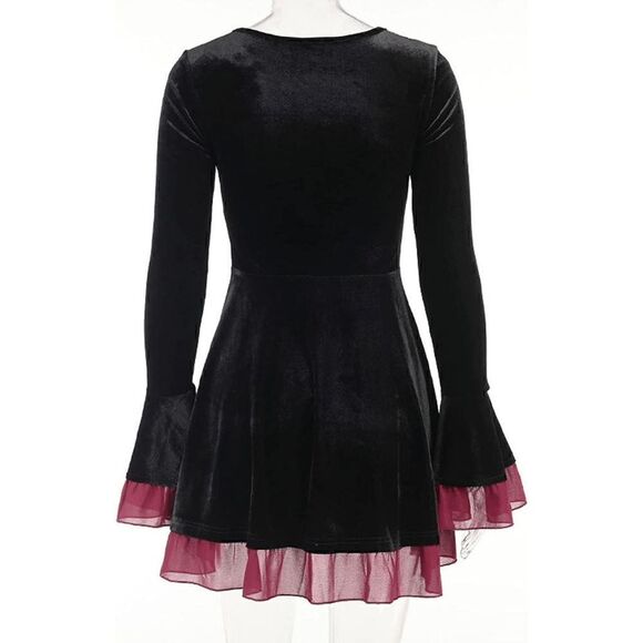 🖤 Goth Lace-Up Retro Black Velvet Long Flare Sleeve Steampunk Dress SIZE M NEW - Picture 12 of 15